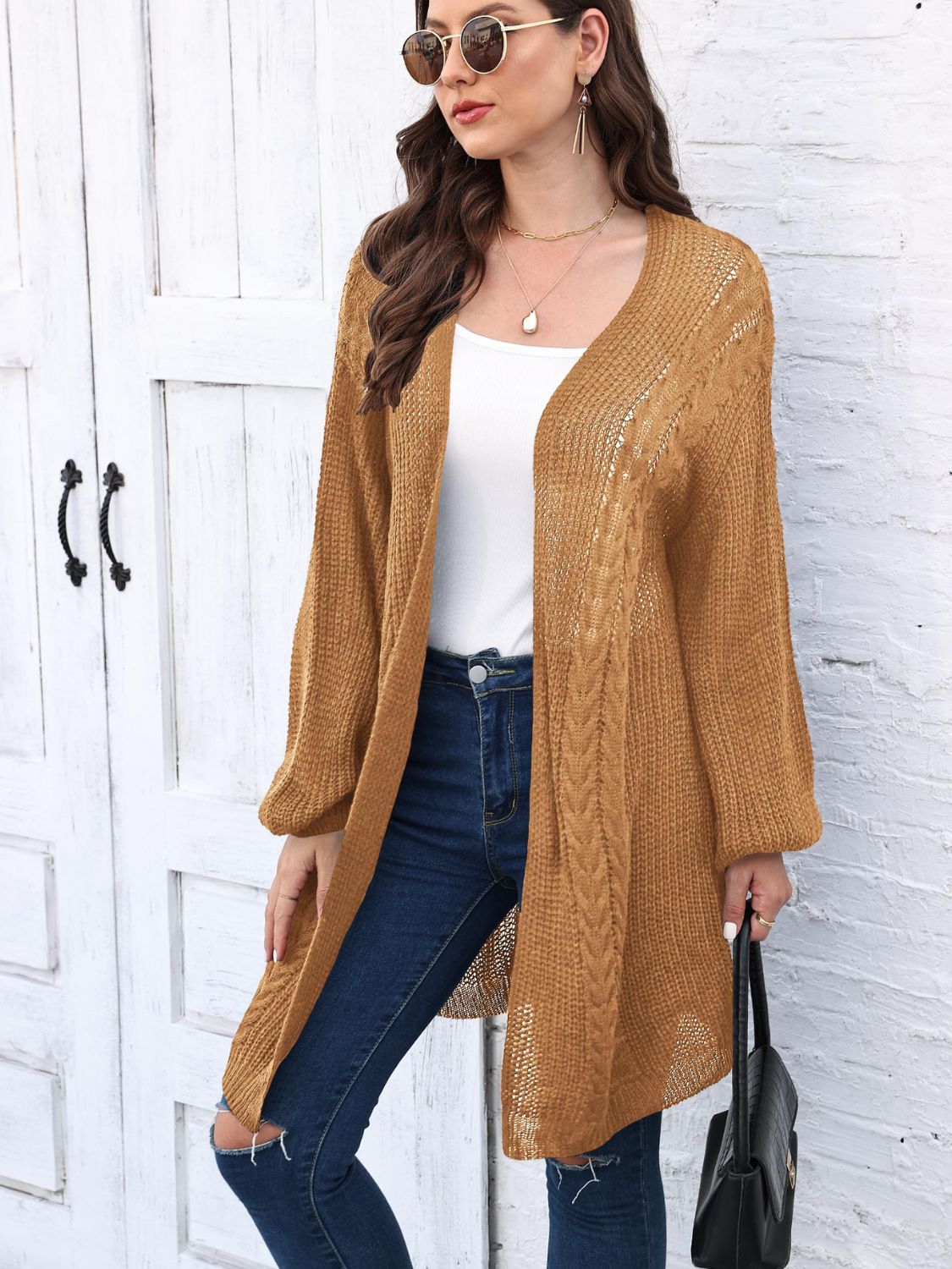 Cable-Knit Open Front Long Sleeve Cardigan - NJPH Best Selling 