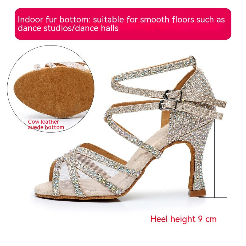 Diamond Latin Dance Shoes Women's Sandals Professional Soft Bottom Dance Shoes Mid-high Heel - NJPH Best Selling 