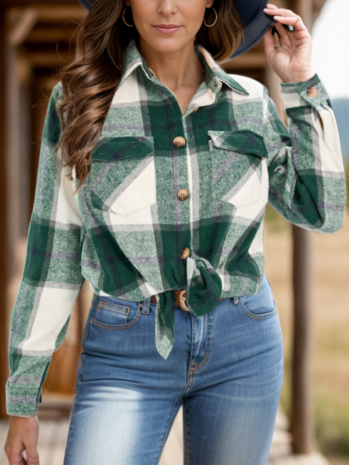 Full Size Pocketed Plaid Collared Neck Shacket - NJPH Best Selling 