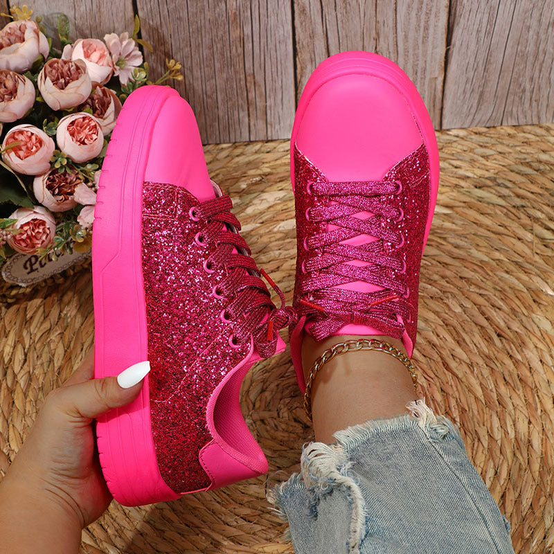 Glitter Sequin Design Flats Shoes Women Trendy Casual Thick-soled Lace-up Sneakers Fashion Skateboard Shoes - NJPH Best Selling 