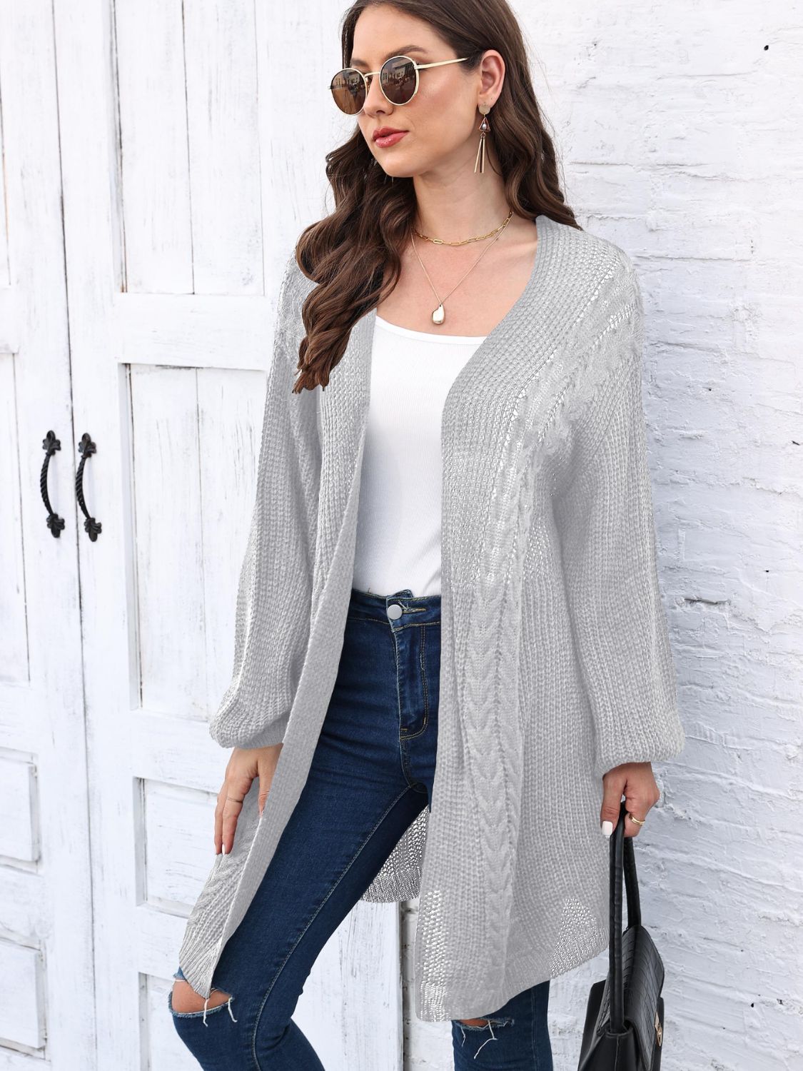 Cable-Knit Open Front Long Sleeve Cardigan - NJPH Best Selling 