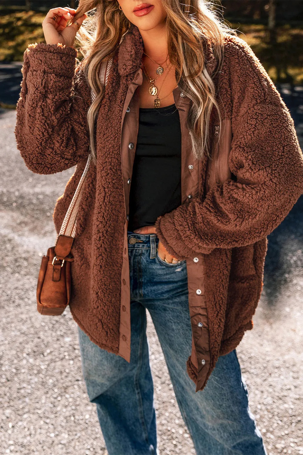 Fuzzy Snap Down Dropped Shoulder Jacket - NJPH Best Selling 