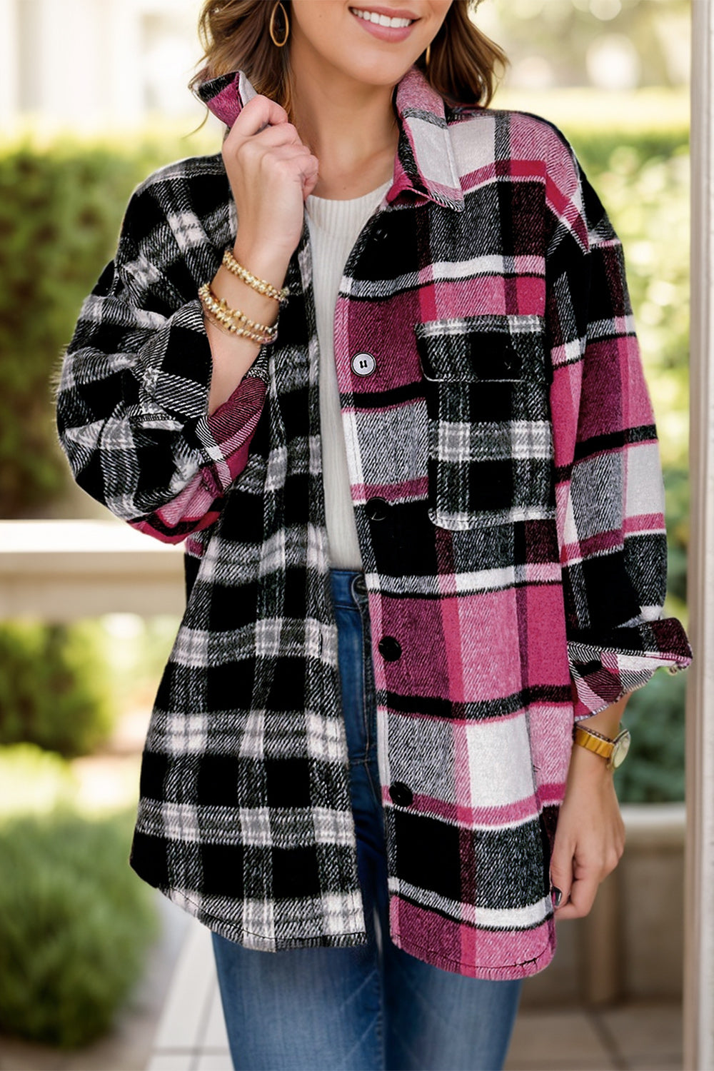 Pocketed Plaid Collared Neck Long Sleeve Shacket - NJPH Best Selling 