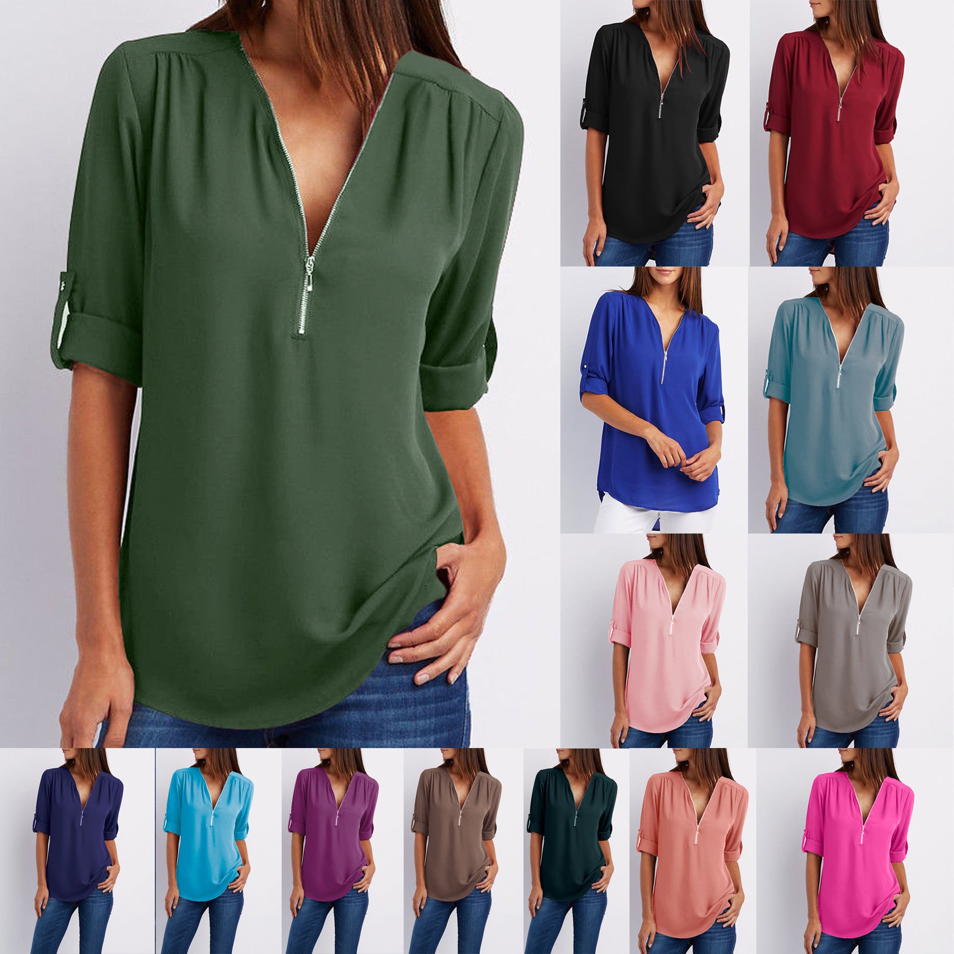 Zip V-neck Shirts Women Short Sleeve Loose Tops - NJPH Best Selling 