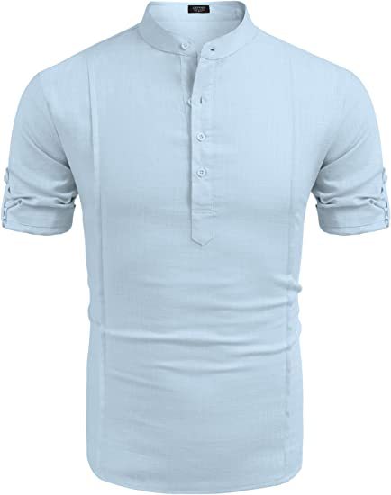 Henley Style Linen Shirt Men Casual Beach Shirt Short Sleeve T-Shirt Summer - NJPH Best Selling 