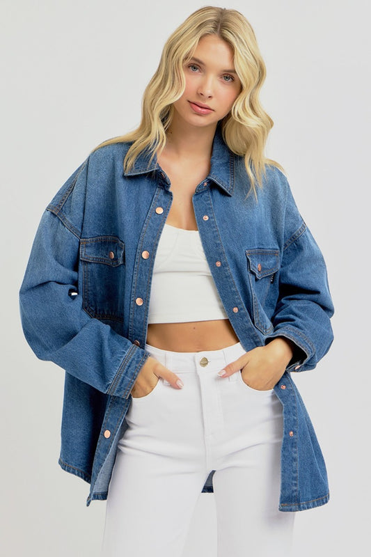 RISEN Full Size Snap Down Long Sleeve Denim Shacket - NJPH Best Selling 