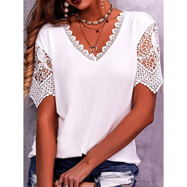 Lace Tops Women Summer Loose V Neck Short Sleeve Casual Shirts - NJPH Best Selling 