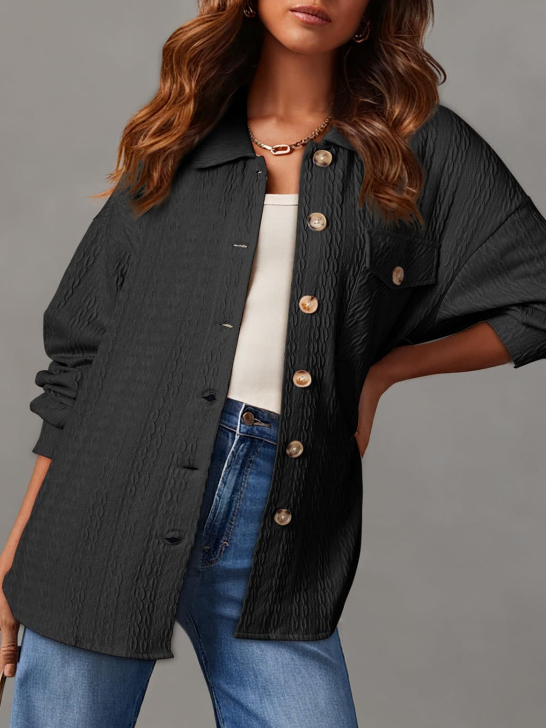 Textured Button Up Long Sleeve Shacket - NJPH Best Selling 