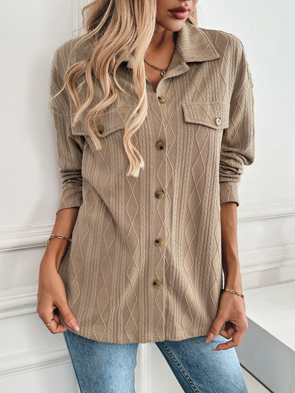 Textured Collared Neck Button Down Shacket - NJPH Best Selling 