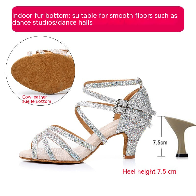 Diamond Latin Dance Shoes Women's Sandals Professional Soft Bottom Dance Shoes Mid-high Heel - NJPH Best Selling 