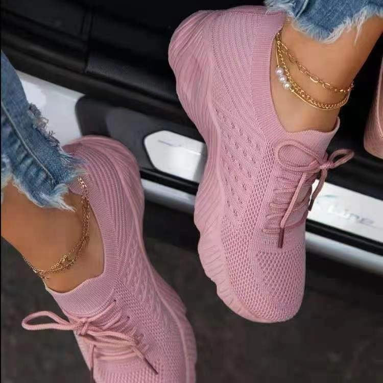 Tennis Female Fashion Women Large Size Platform Solid Color Lace-up Flying Knitted Sneakers Outdoor Walking Shoes - NJPH Best Selling 