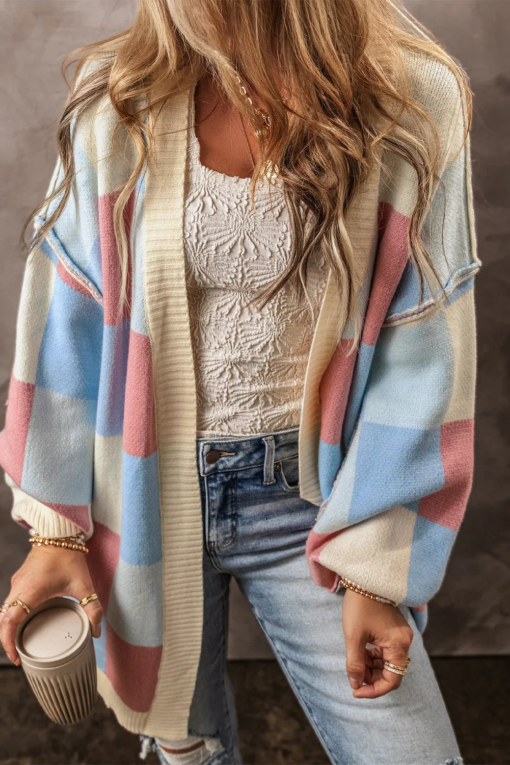 Color Block Open Front Long Sleeve Cardigan - NJPH Best Selling 