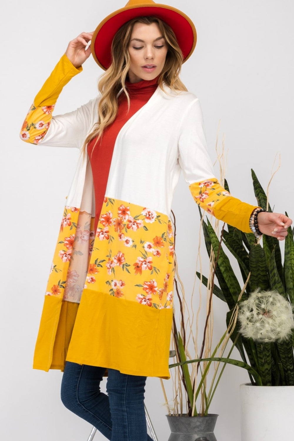 Celeste Full Size Floral Color Block Open Front Cardigan - NJPH Best Selling 