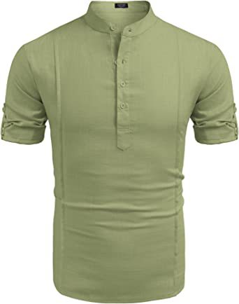 Henley Style Linen Shirt Men Casual Beach Shirt Short Sleeve T-Shirt Summer - NJPH Best Selling 