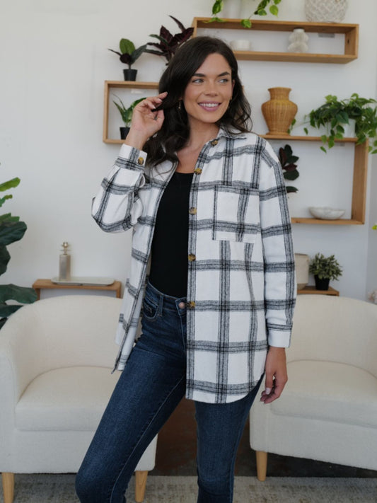 FAM-FAM Plaid Collared Neck Long Sleeve Shacket - NJPH Best Selling 