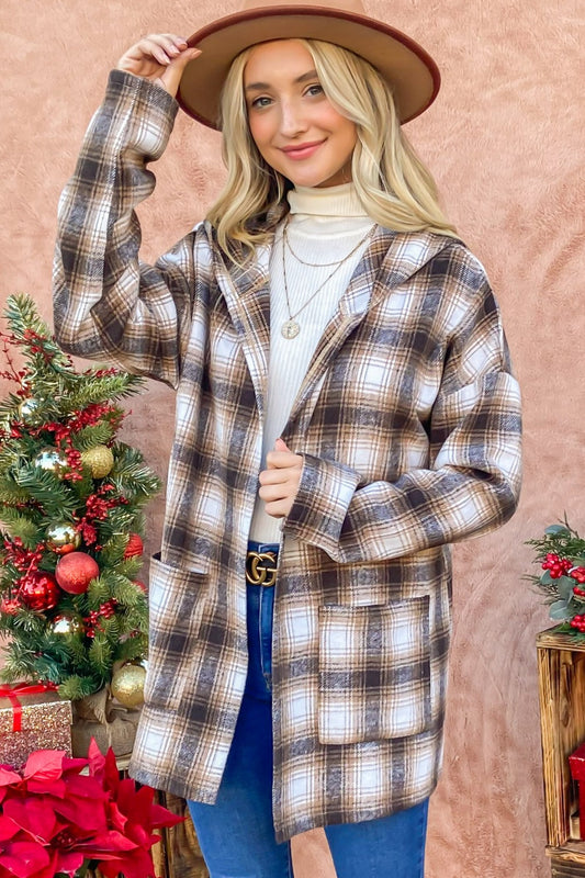 And The Why Plaid Open Front Hooded Shacket - NJPH Best Selling 