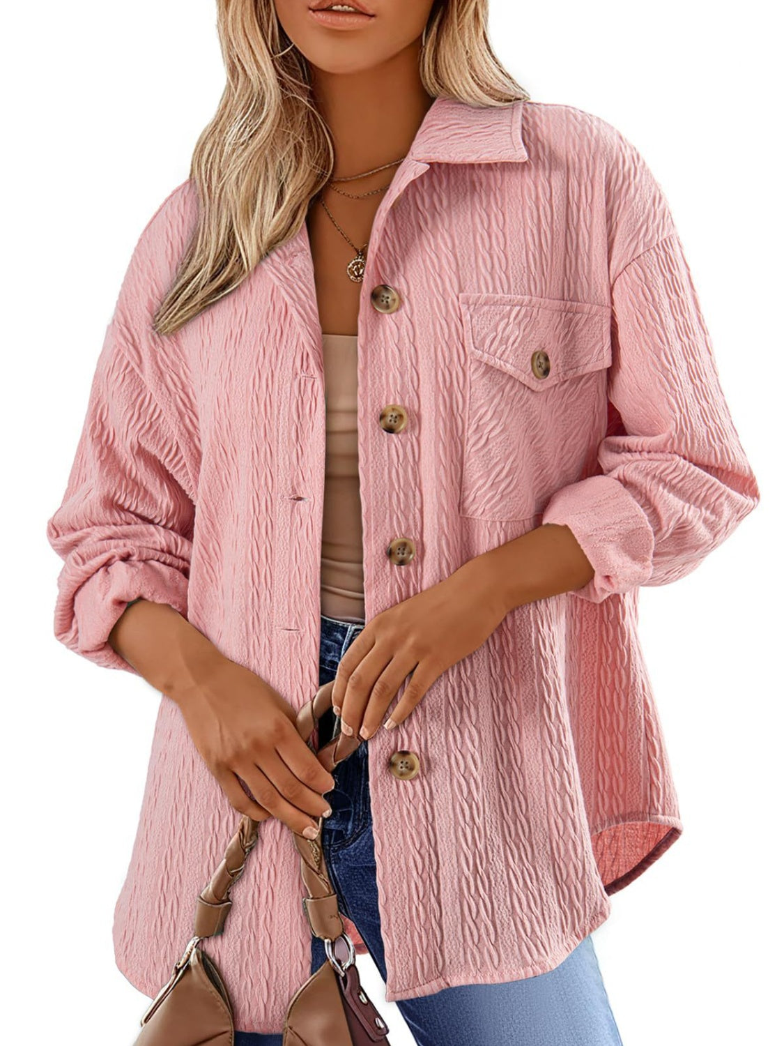 Textured Button Up Long Sleeve Shacket - NJPH Best Selling 