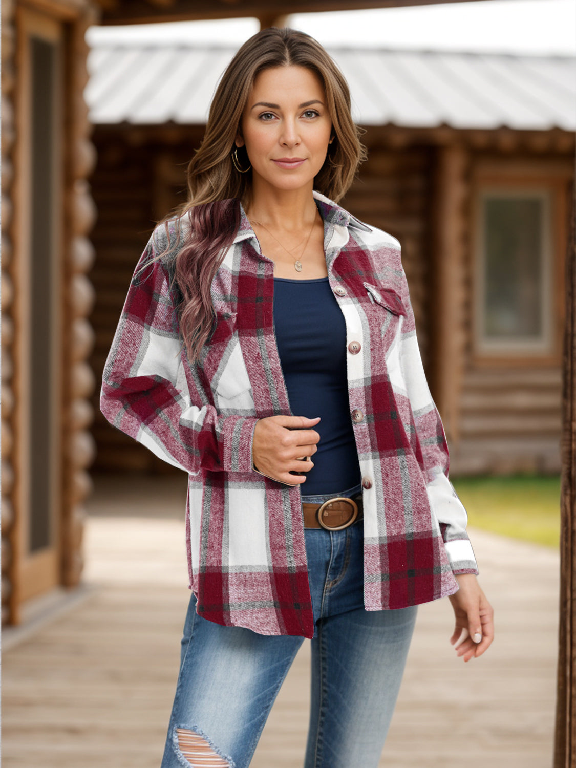 Full Size Pocketed Plaid Collared Neck Shacket - NJPH Best Selling 