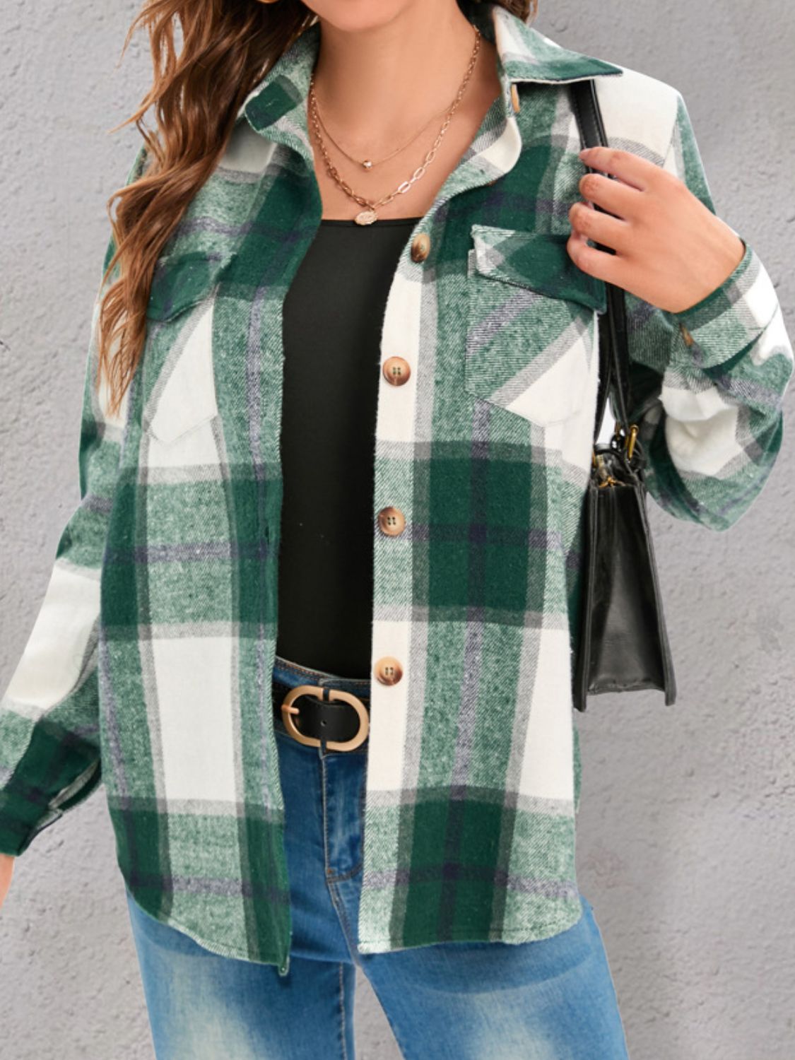 Full Size Pocketed Plaid Collared Neck Shacket - NJPH Best Selling 