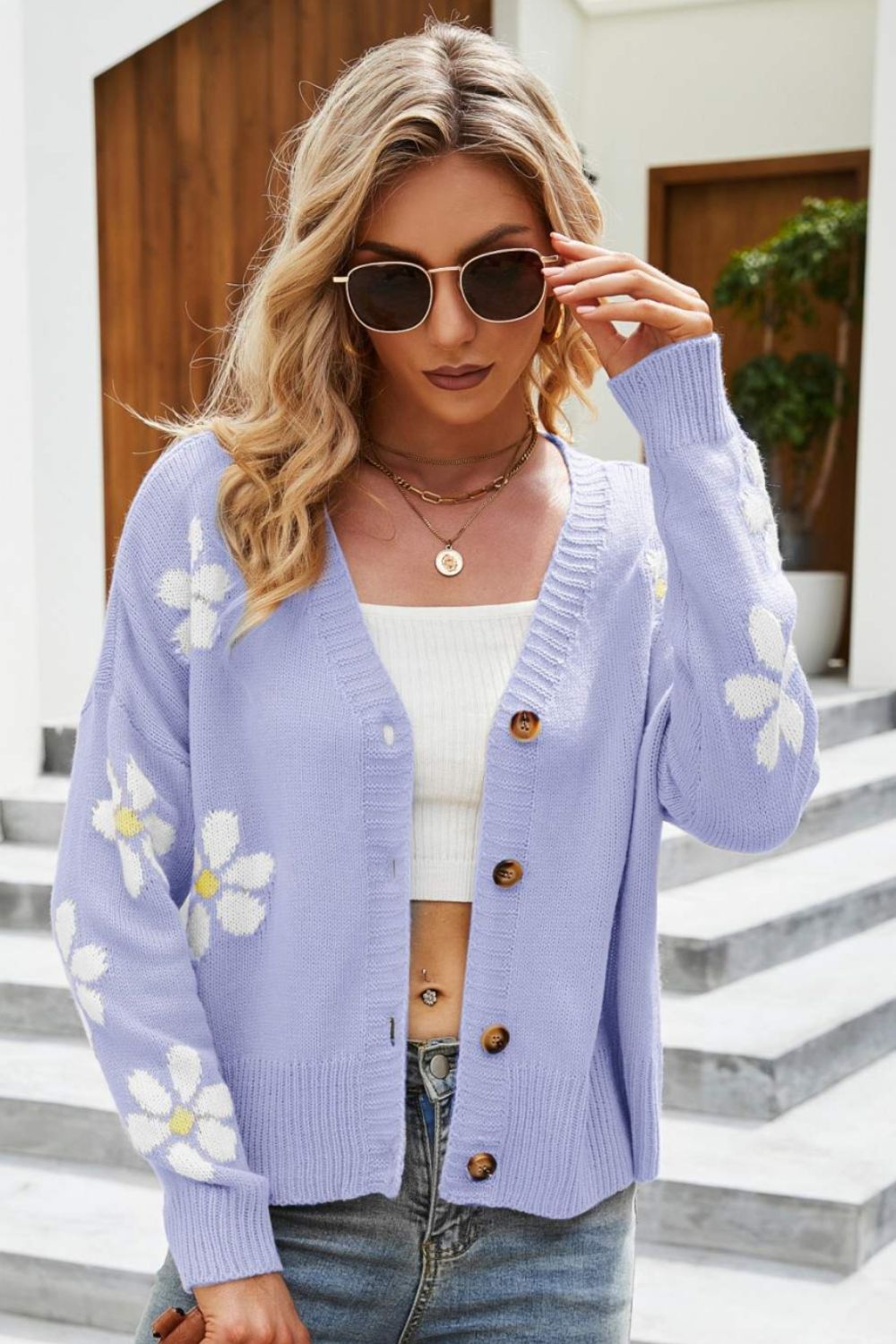 Floral Ribbed Trim Drop Shoulder Cardigan - NJPH Best Selling 