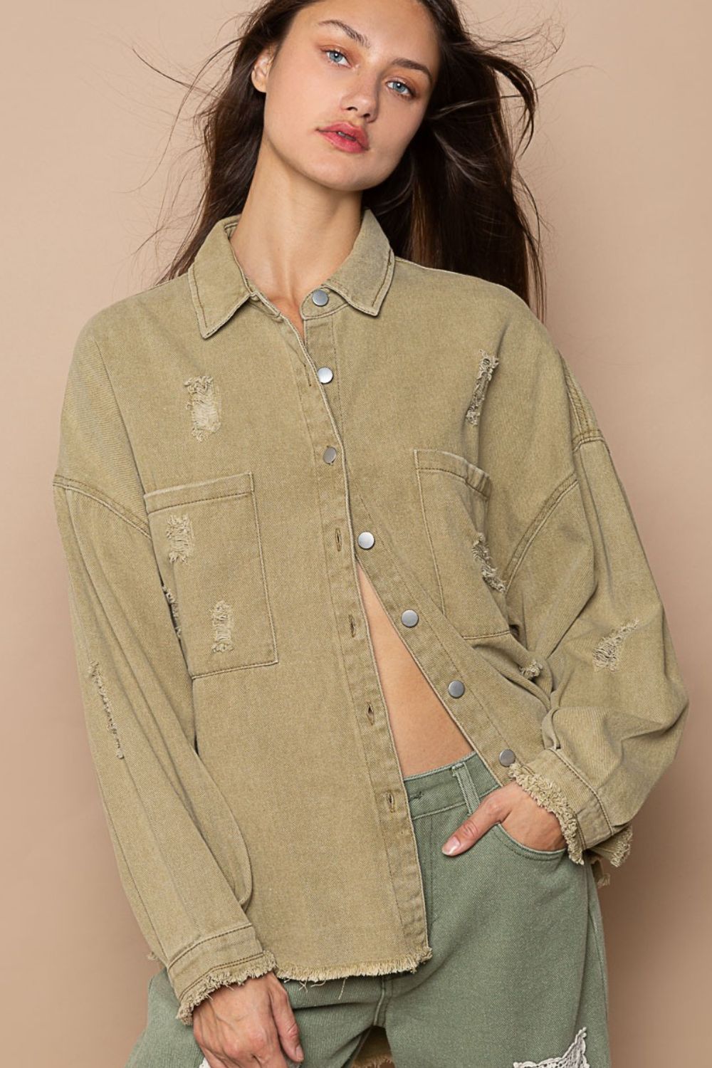 POL Button Down Raw Hem Distressed Shacket - NJPH Best Selling 