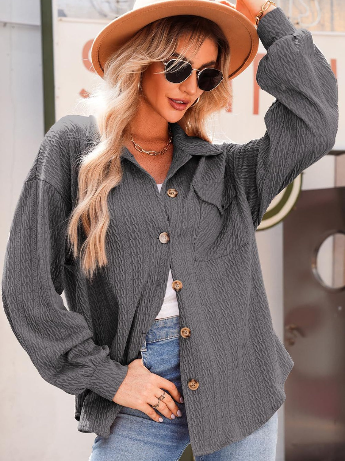 Textured Button Up Long Sleeve Shacket - NJPH Best Selling 