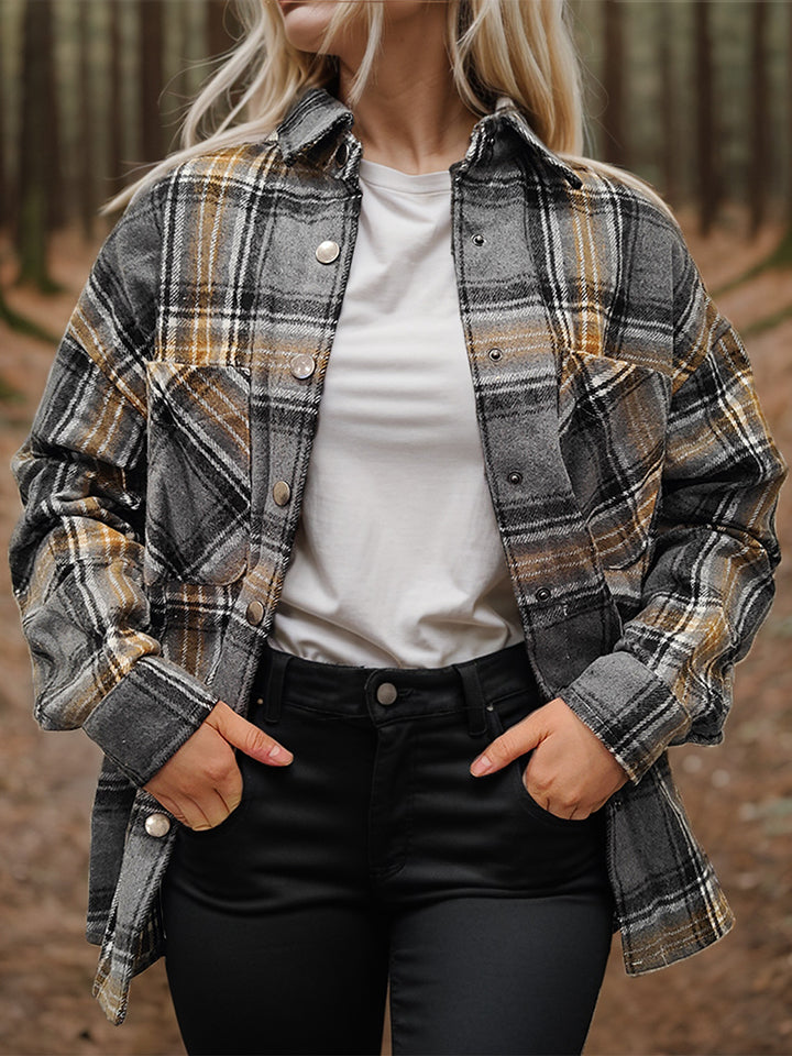 Plaid Snap Down Long Sleeve Shacket - NJPH Best Selling 