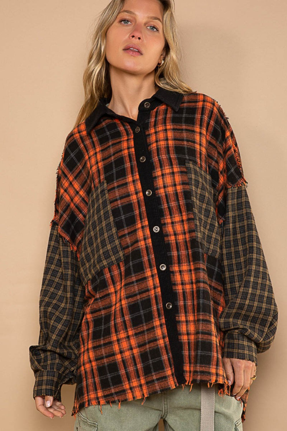 POL Plaid Contrast Long Sleeve Raw Hem Shacket with Chest Pockets - NJPH Best Selling 