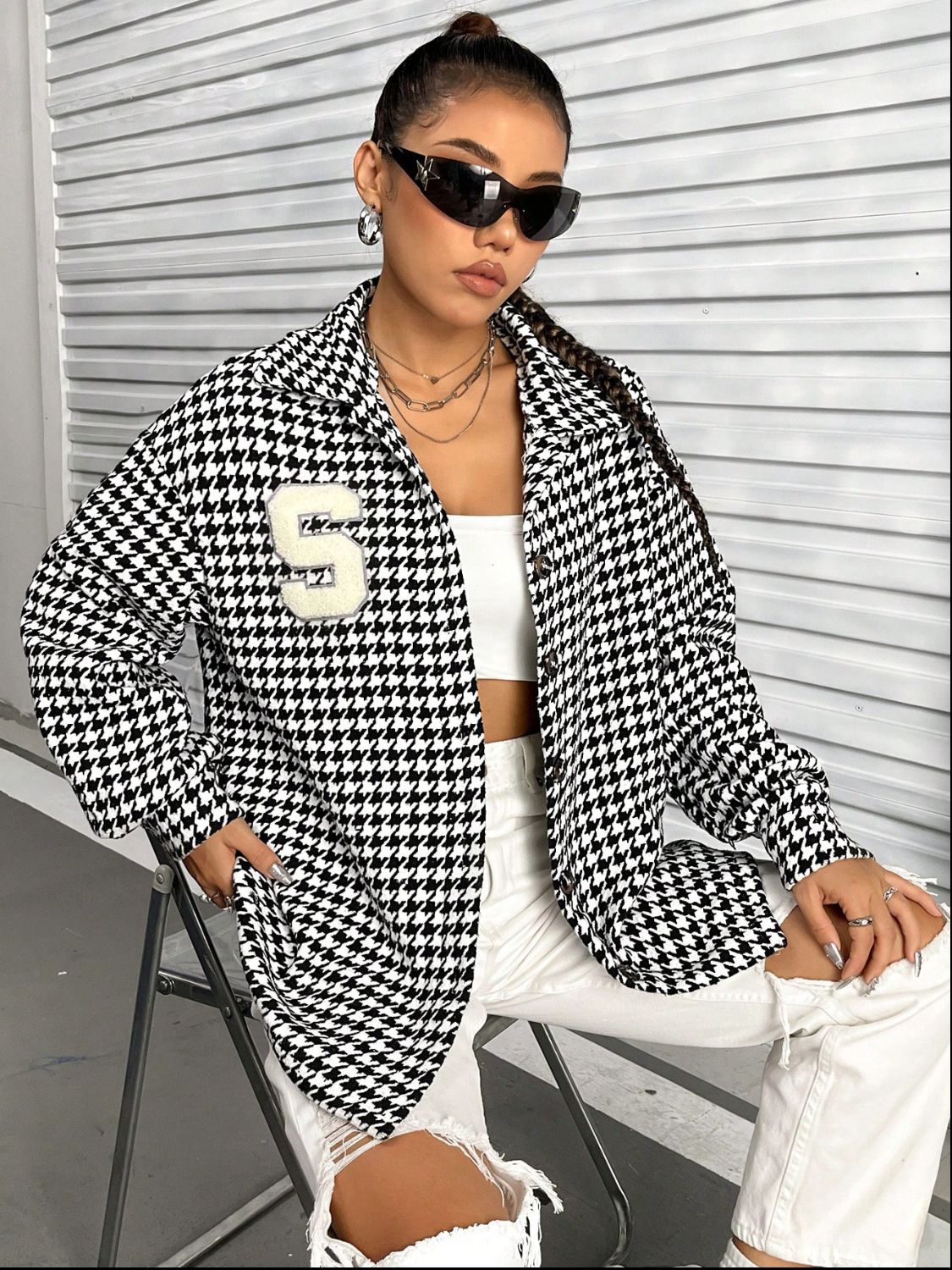 Houndstooth Button Down Long Sleeve Shacket - NJPH Best Selling 