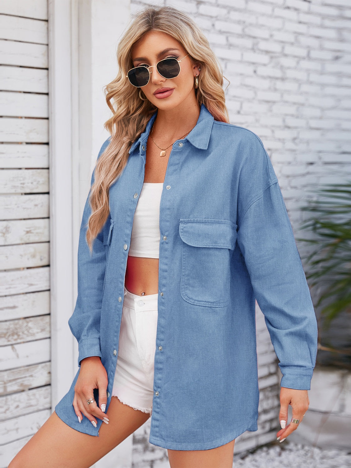 Pocketed Snap Down Dropped Shoulder Denim Shacket - NJPH Best Selling 