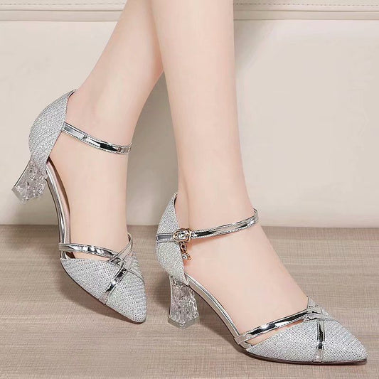 Women's Pointed Leather Sandals Mid-high Heel - NJPH Best Selling 