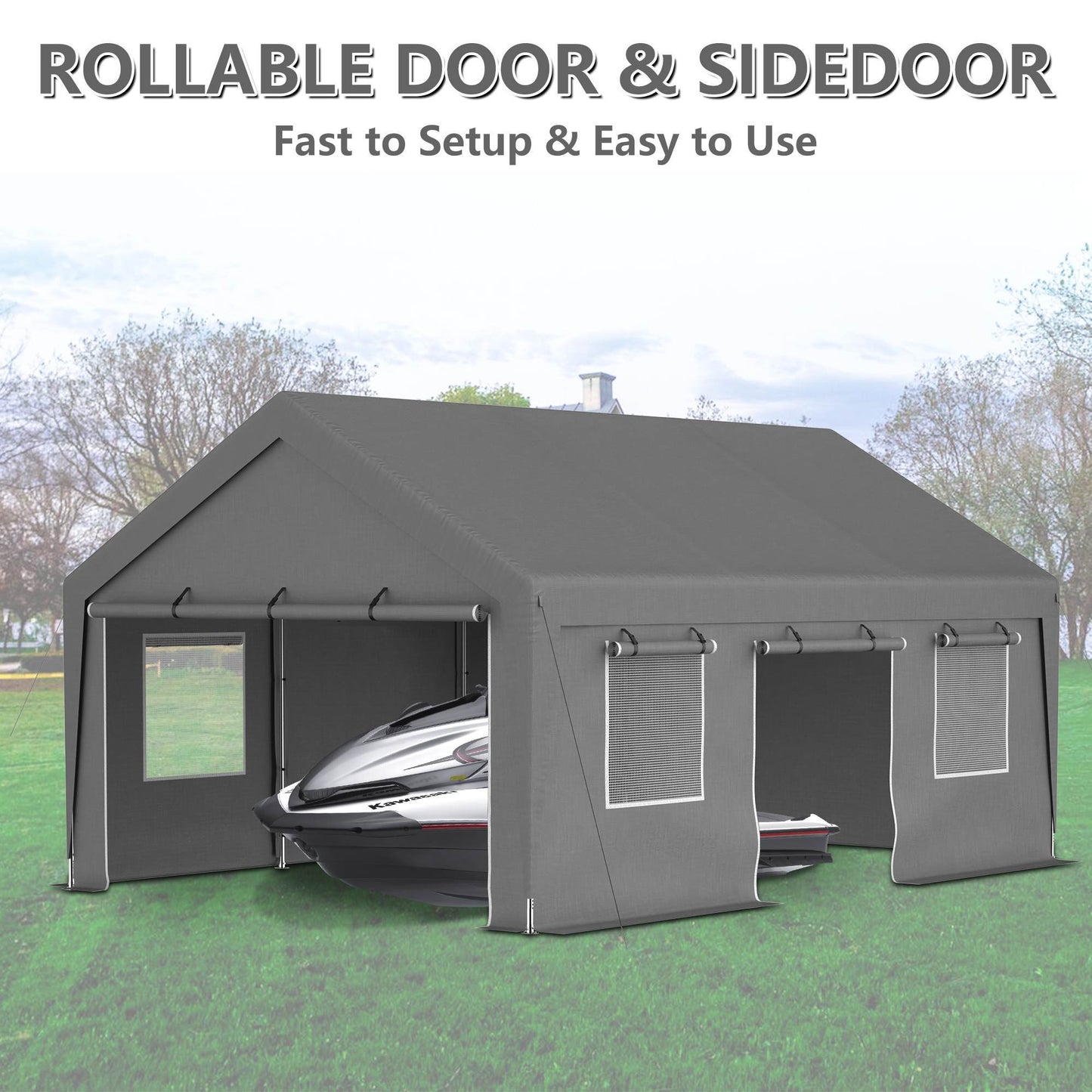 13x20 Ft Heavy Duty Carport Car Canopy Car Boat Shelter With Roll Up Doors & Windows And Removable Sidewalls