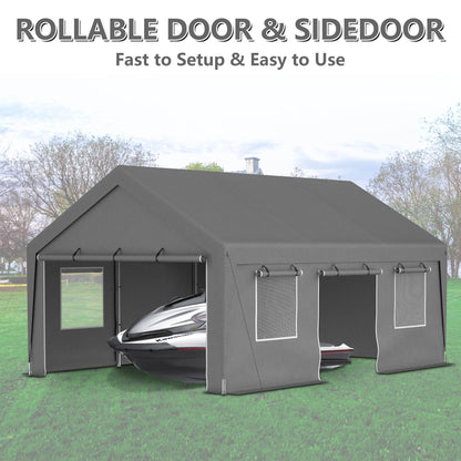 13x20 Ft Heavy Duty Carport Car Canopy Car Boat Shelter With Roll Up Doors & Windows And Removable Sidewalls