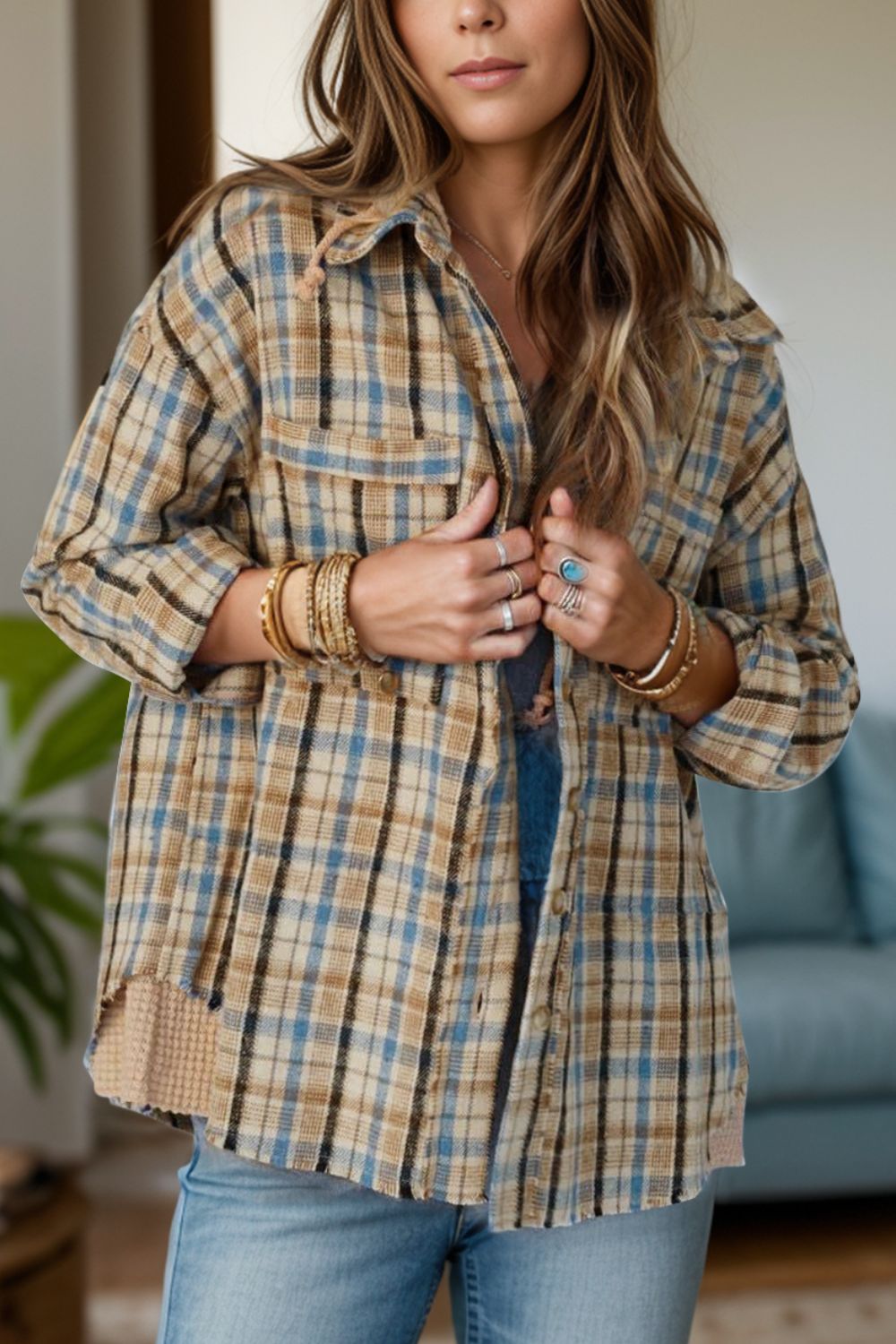 Drawstring Plaid Button Up Hooded Shacket - NJPH Best Selling 