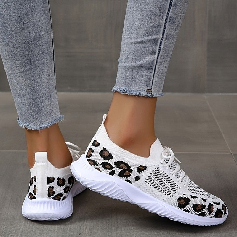 White Shoes Women Leopard Print Lace-up Sneakers Sports - NJPH Best Selling 