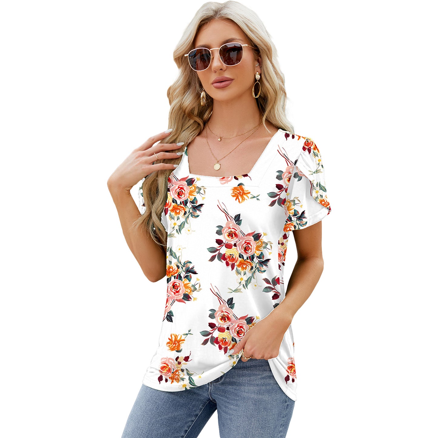 Summer Top Fashion Square Neck Printed Short-sleeved T-shirt With Petal Sleeve Design Bohemian Beach Loose T-shirt For Womens Clothing - NJPH Best Selling 