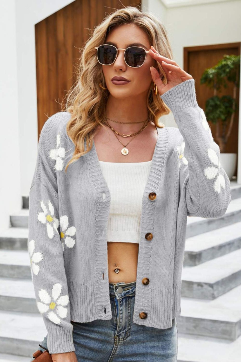 Floral Ribbed Trim Drop Shoulder Cardigan - NJPH Best Selling 