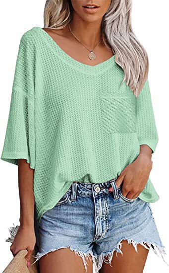 V-neck Shirts Women Summer Short Sleeve Green Tops With Patched Pocket - NJPH Best Selling 