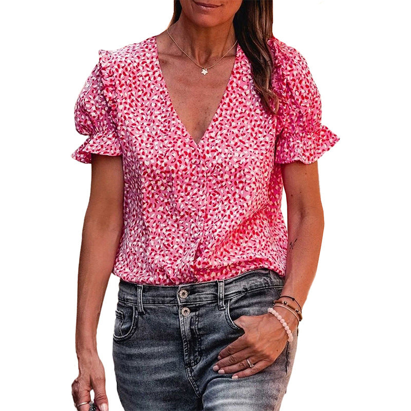 Printed Slim Shirt Women's Ruffled Low V-neck Shirt Women - NJPH Best Selling 