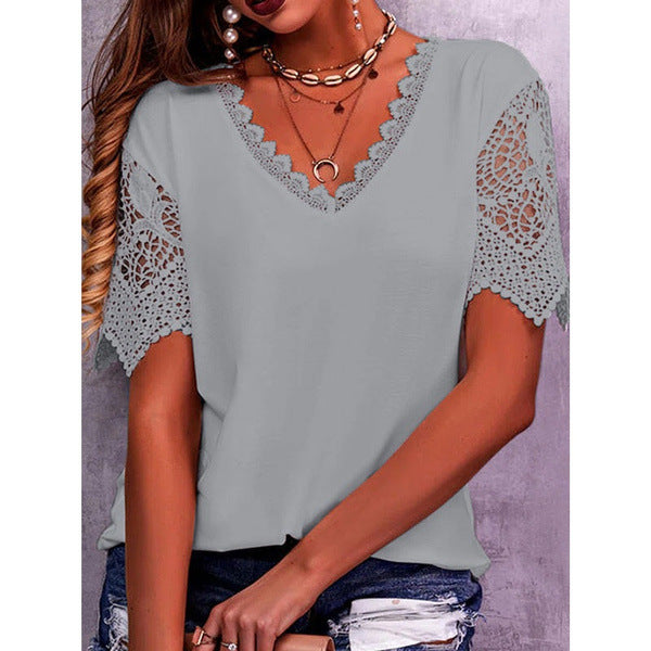 Lace Tops Women Summer Loose V Neck Short Sleeve Casual Shirts - NJPH Best Selling 