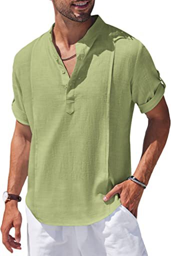 Henley Style Linen Shirt Men Casual Beach Shirt Short Sleeve T-Shirt Summer - NJPH Best Selling 