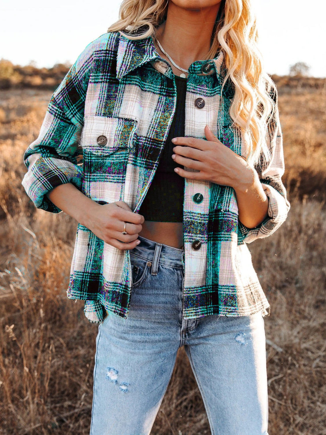 Pocketed Plaid Button Down Long Sleeve Shacket - NJPH Best Selling 