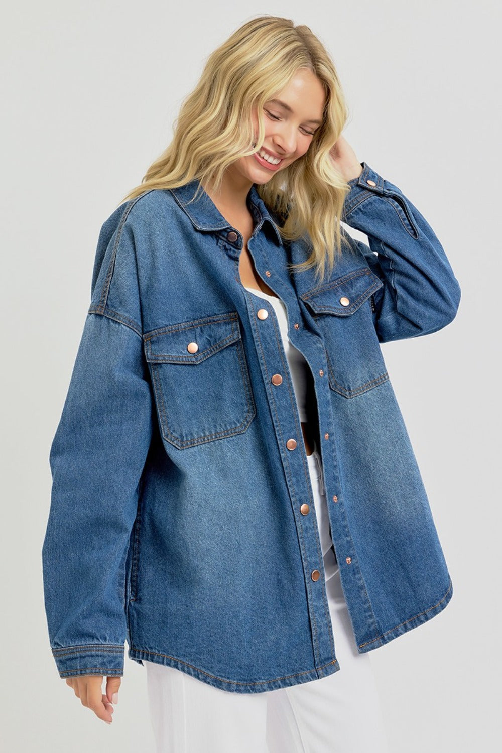 RISEN Full Size Snap Down Long Sleeve Denim Shacket - NJPH Best Selling 