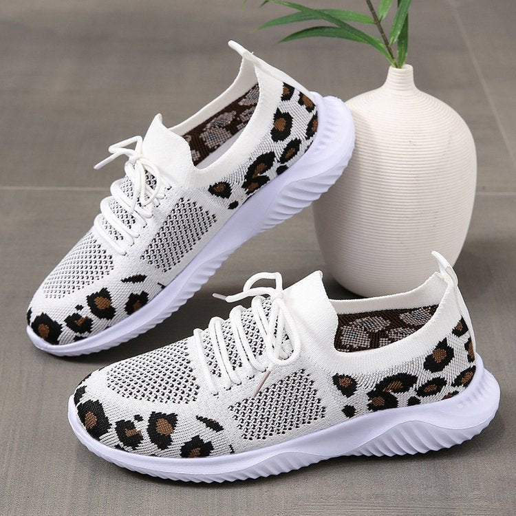 White Shoes Women Leopard Print Lace-up Sneakers Sports - NJPH Best Selling 