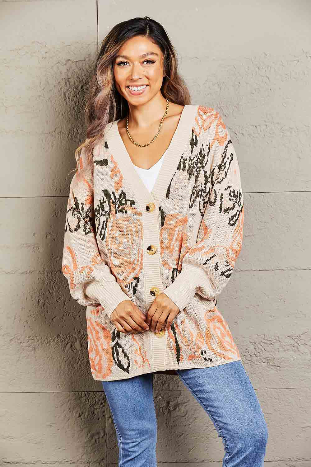 Woven Right Floral Pattern Ribbed Trim Cardigan - NJPH Best Selling 