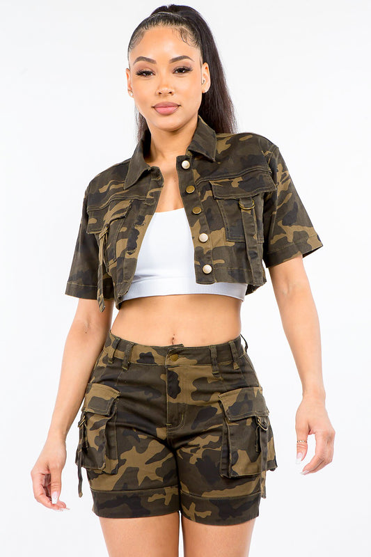 American Bazi Full Size Camouflage Short Sleeve Cropped Jacket - NJPH Best Selling 