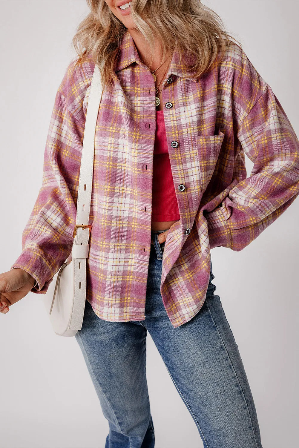 Plaid Collared Neck Long Sleeve Shacket - NJPH Best Selling 