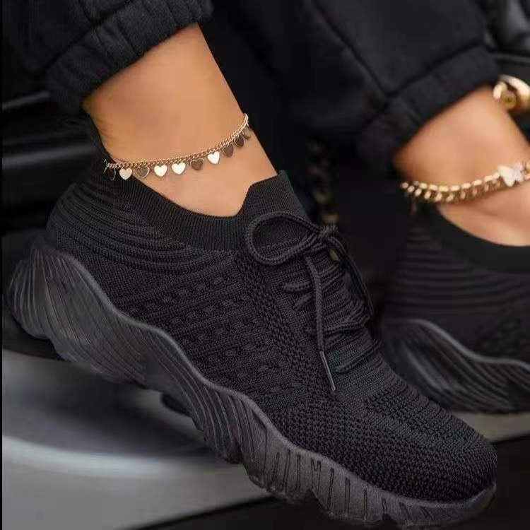 Tennis Female Fashion Women Large Size Platform Solid Color Lace-up Flying Knitted Sneakers Outdoor Walking Shoes - NJPH Best Selling 