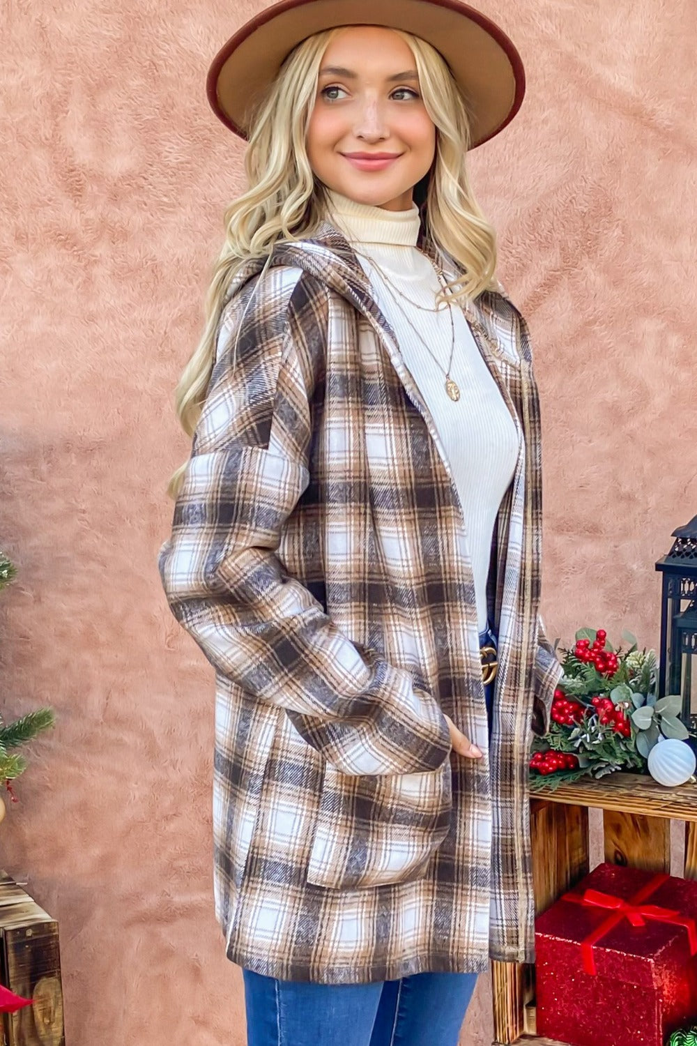 And The Why Plaid Open Front Hooded Shacket - NJPH Best Selling 