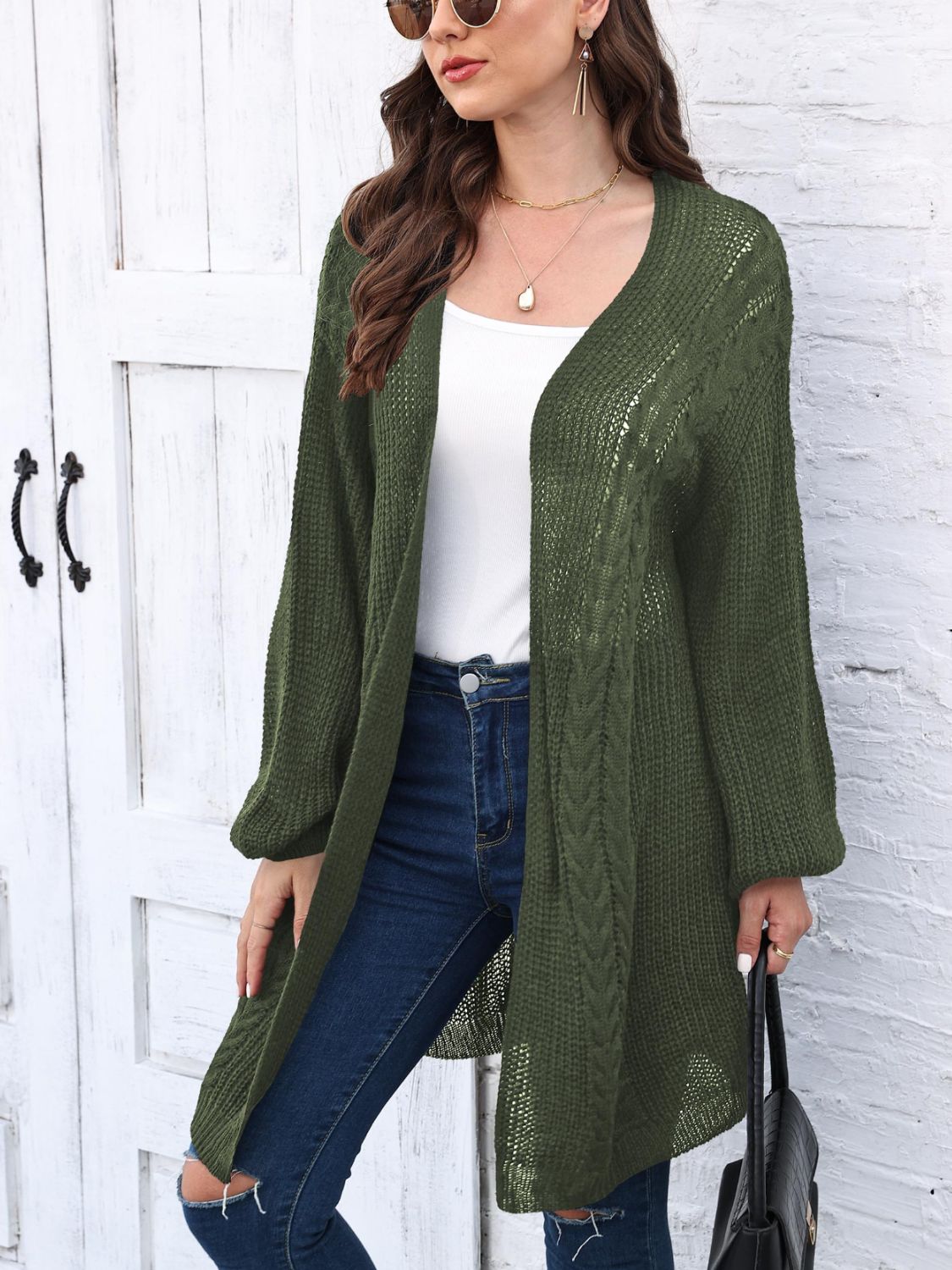 Cable-Knit Open Front Long Sleeve Cardigan - NJPH Best Selling 